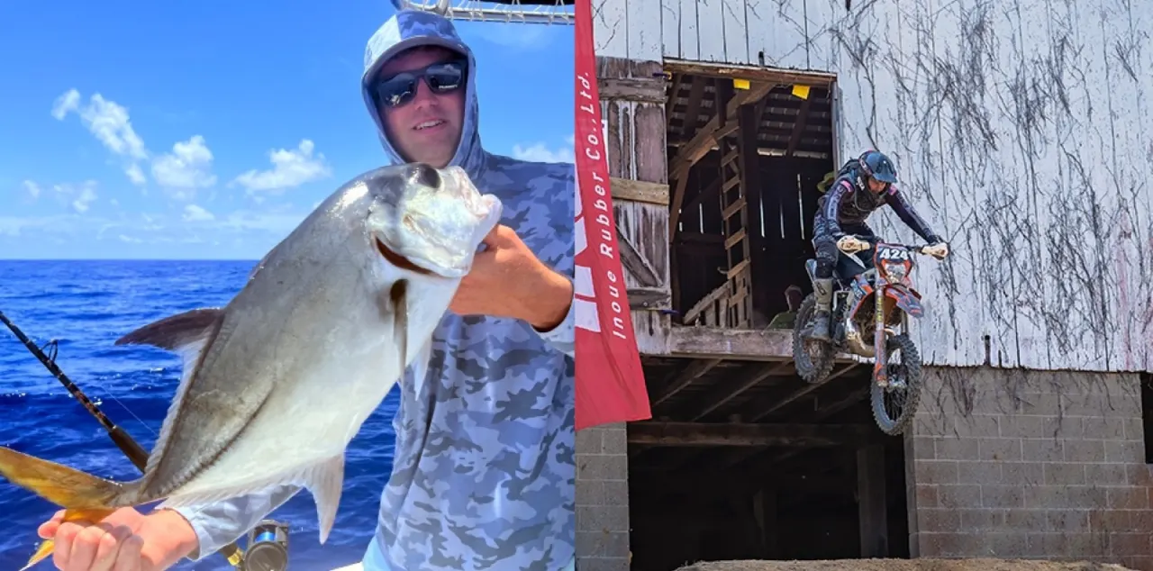 Sam offshore fishing and riding his dirt bike