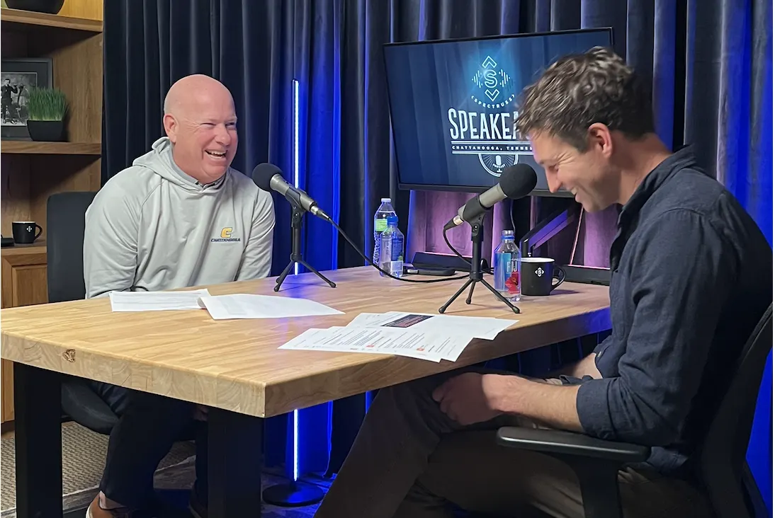 Sam Silvey laughing with Ron Jones of SouthEast Bank while recording Spectruss Speakeasy