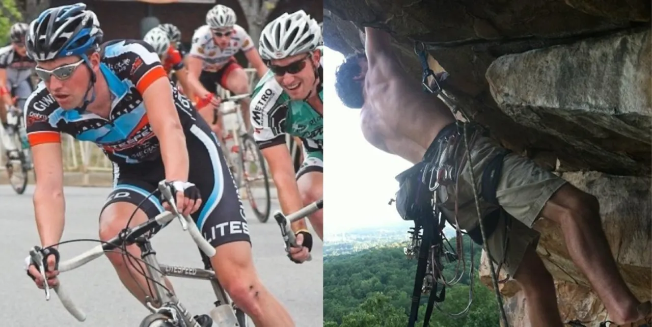 Sam Silvey road racing in a pack, and climbing an overhanging rock face