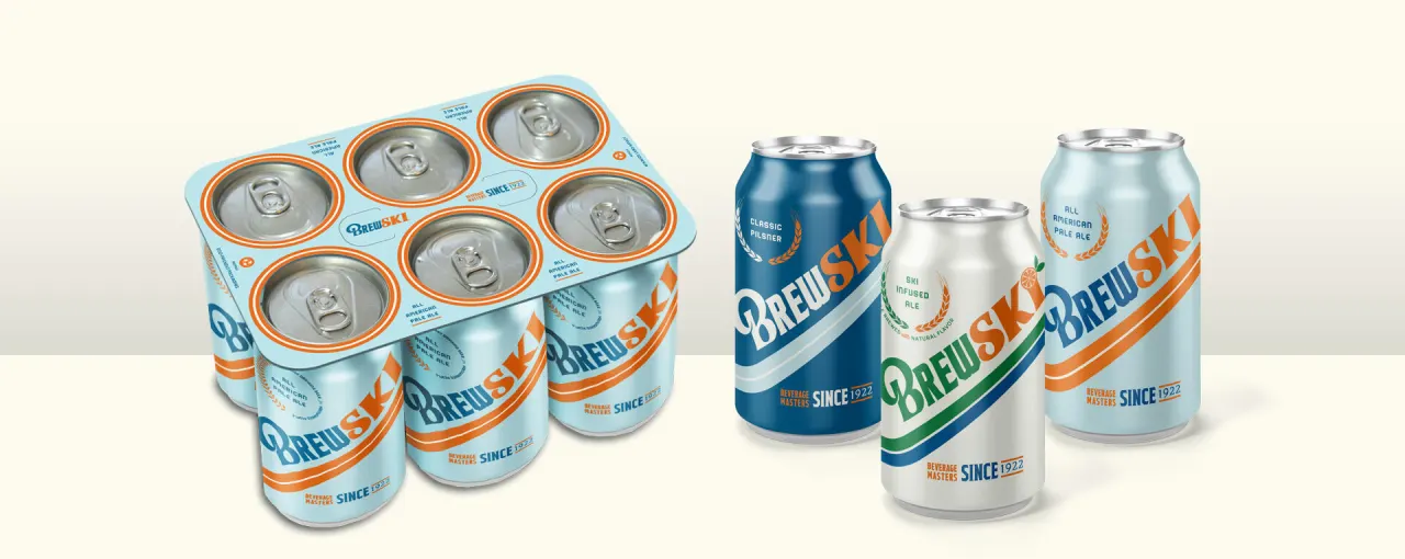 BrewSki beer cans and six-pack packaging