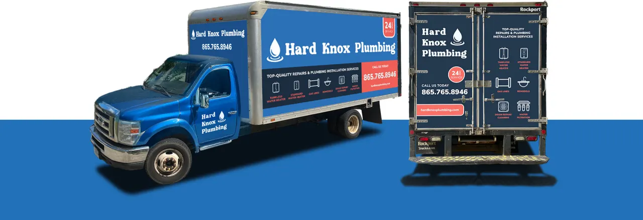A box truck wrapped in Hard Knox Plumbing branding, front and rear views